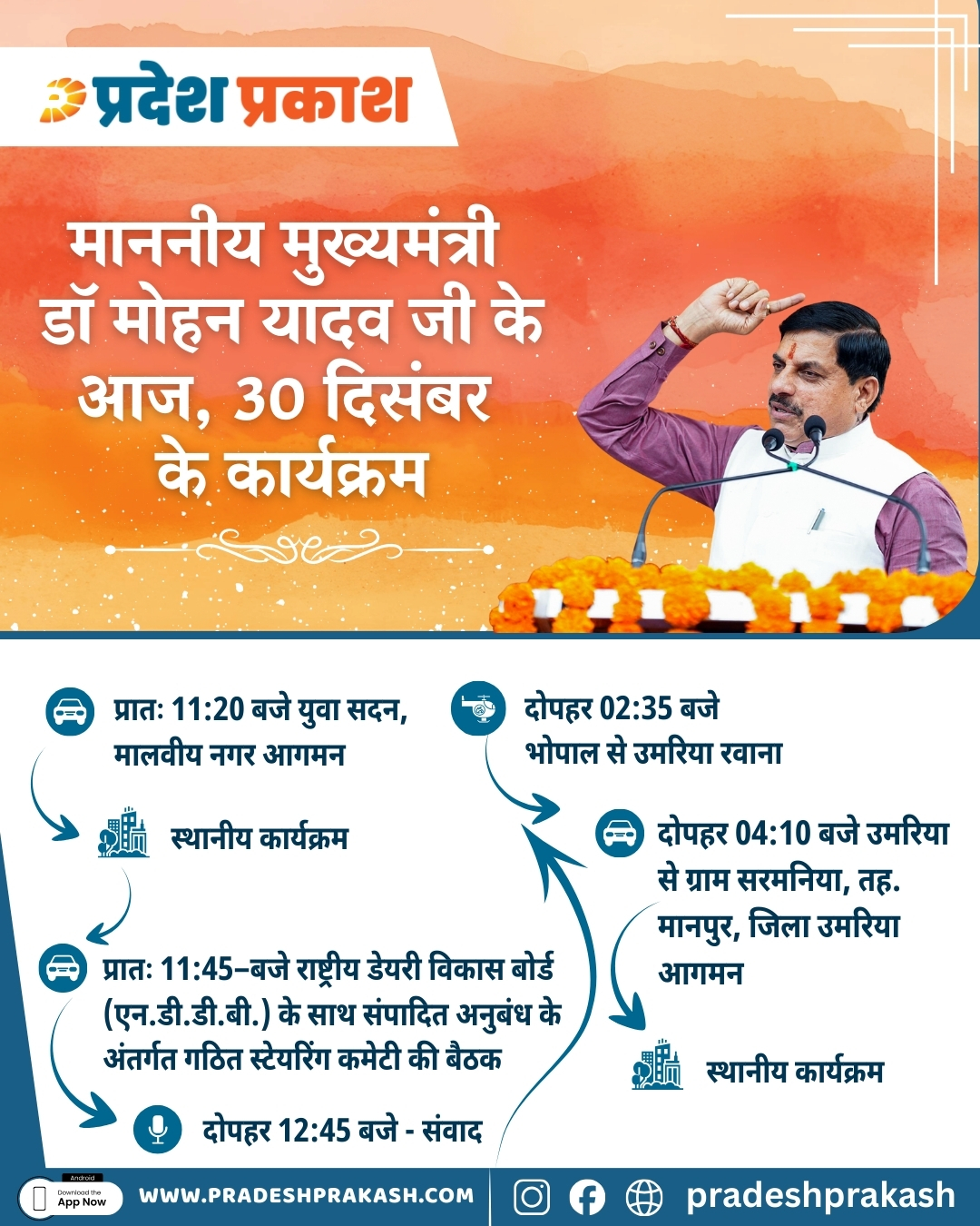 माननीय मुख्यमंत्री डॉ मोहन यादव जी के आज, 30 दिसंबर के कार्यक्रम