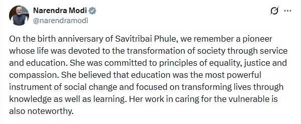 प्रधानमंत्री मोदी ने सावित्रीबाई फुले की जयंती पर अर्पित की श्रद्धांजलि