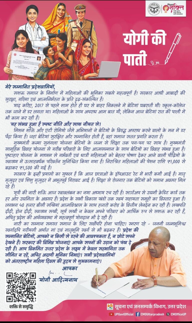 अंतर्राष्ट्रीय महिला दिवस पर योगी आदित्यनाथ का संदेश: प्रदेश की बेटियों को अब किसी से डरने की जरूरत नहीं