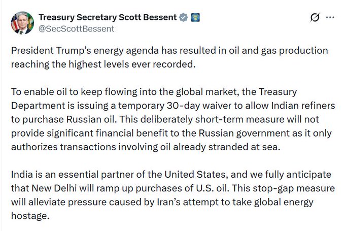 अमरीका ने भारत को समुद्र में फंसे रूसी तेल की खरीद के लिए 30 दिन की छूट दी