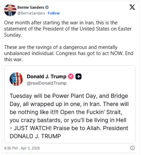 ट्रम्प के बयान पर बर्नी सैंडर्स का तीखा हमला, बोले— “खतरनाक और असंतुलित”