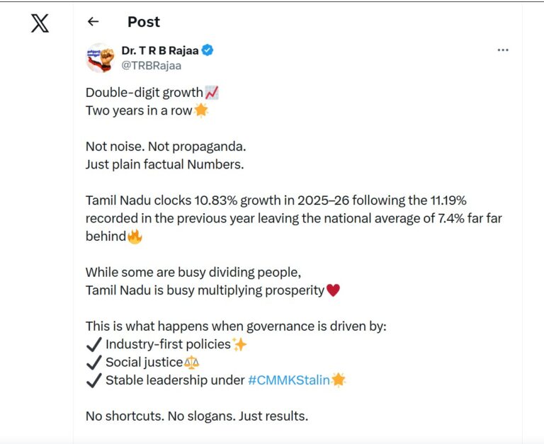 तमिलनाडु की अर्थव्यवस्था ने पकड़ी रफ्तार: लगातार दूसरे साल डबल-डिजिट ग्रोथ, 2030 तक $1 ट्रिलियन लक्ष्य