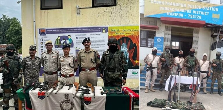 मणिपुर में सुरक्षा बलों की बड़ी कार्रवाई, सेनापति और चुराचांदपुर से भारी मात्रा में हथियार बरामद
