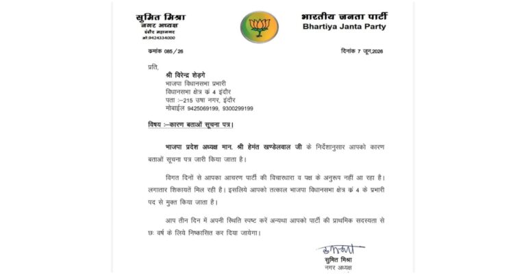 इंदौर में BJP का बड़ा एक्शन; वीरेंद्र शेडगे को पद से हटाया, 3 दिन में मांगा जवाब